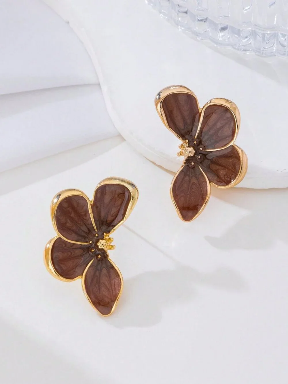 brown Women's Handpainted Enamel Golden floral Earrings